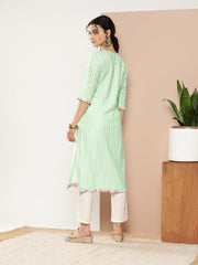 Women Sea Green & Pink Striped Gotta Patti Floral Crepe Kurta-AHKUCRFP-1039-ICH