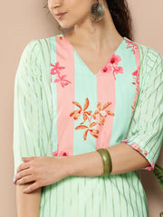 Women Sea Green & Pink Striped Gotta Patti Floral Crepe Kurta-AHKUCRFP-1039-ICH