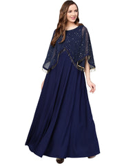 Navy Blue Solid A-Line Layered Dress-AHKUCRFP-722