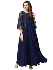 Navy Blue Solid A-Line Layered Dress-AHKUCRFP-722