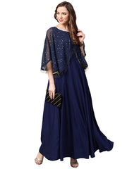 Navy Blue Solid A-Line Layered Dress-AHKUCRFP-722