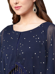Navy Blue Solid A-Line Layered Dress-AHKUCRFP-722