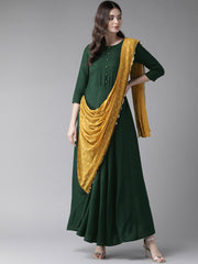 Green & Mustard Yellow Solid Maxi Dress With Attached Dupatta-AHKUCRFP-847