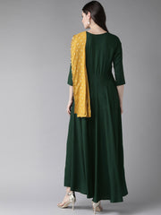 Green & Mustard Yellow Solid Maxi Dress With Attached Dupatta-AHKUCRFP-847