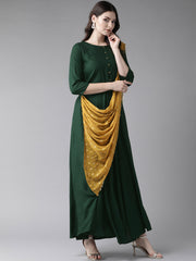 Green & Mustard Yellow Solid Maxi Dress With Attached Dupatta-AHKUCRFP-847