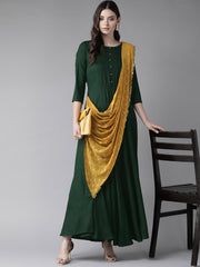 Green & Mustard Yellow Solid Maxi Dress With Attached Dupatta-AHKUCRFP-847