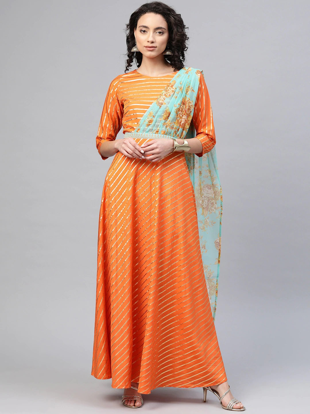 Orange & Gold Draped Ethnic Dress | Shop Indian Dresses