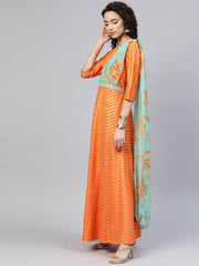 Orange & Gold Draped Ethnic Dress-AHKUCRFP-872