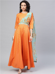 Orange & Gold Draped Ethnic Dress-AHKUCRFP-872