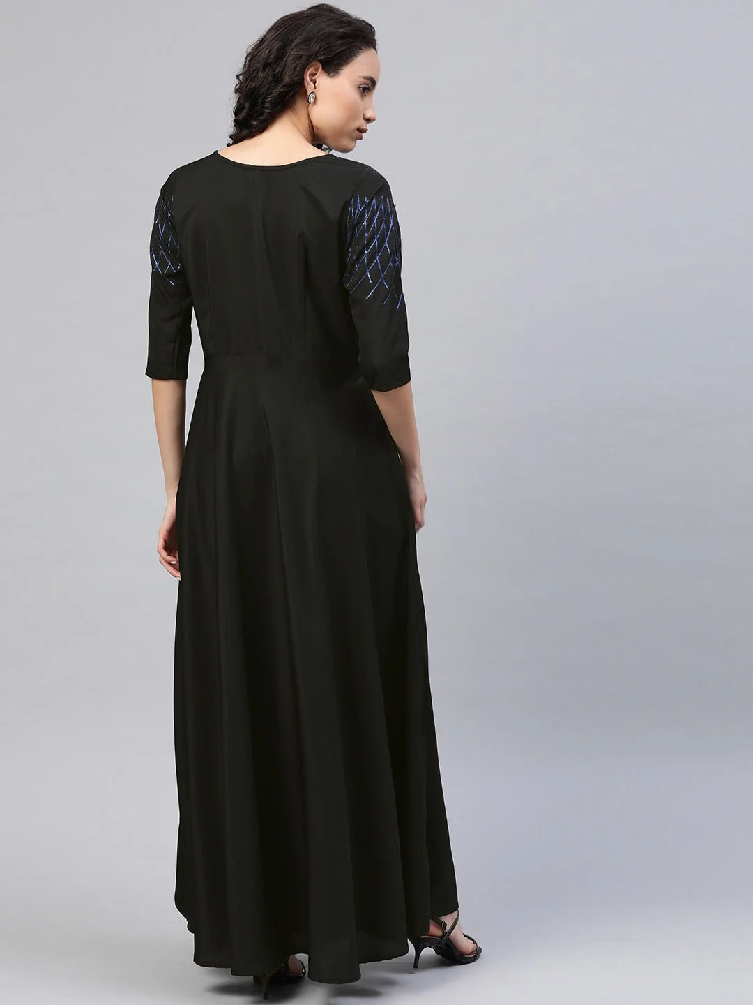 Black Printed Long Flared Dress | Indian Dresses Online