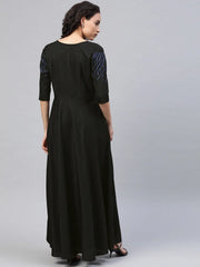 Black Printed Long Flared Ethnic Dress-AHKUCRGL-870