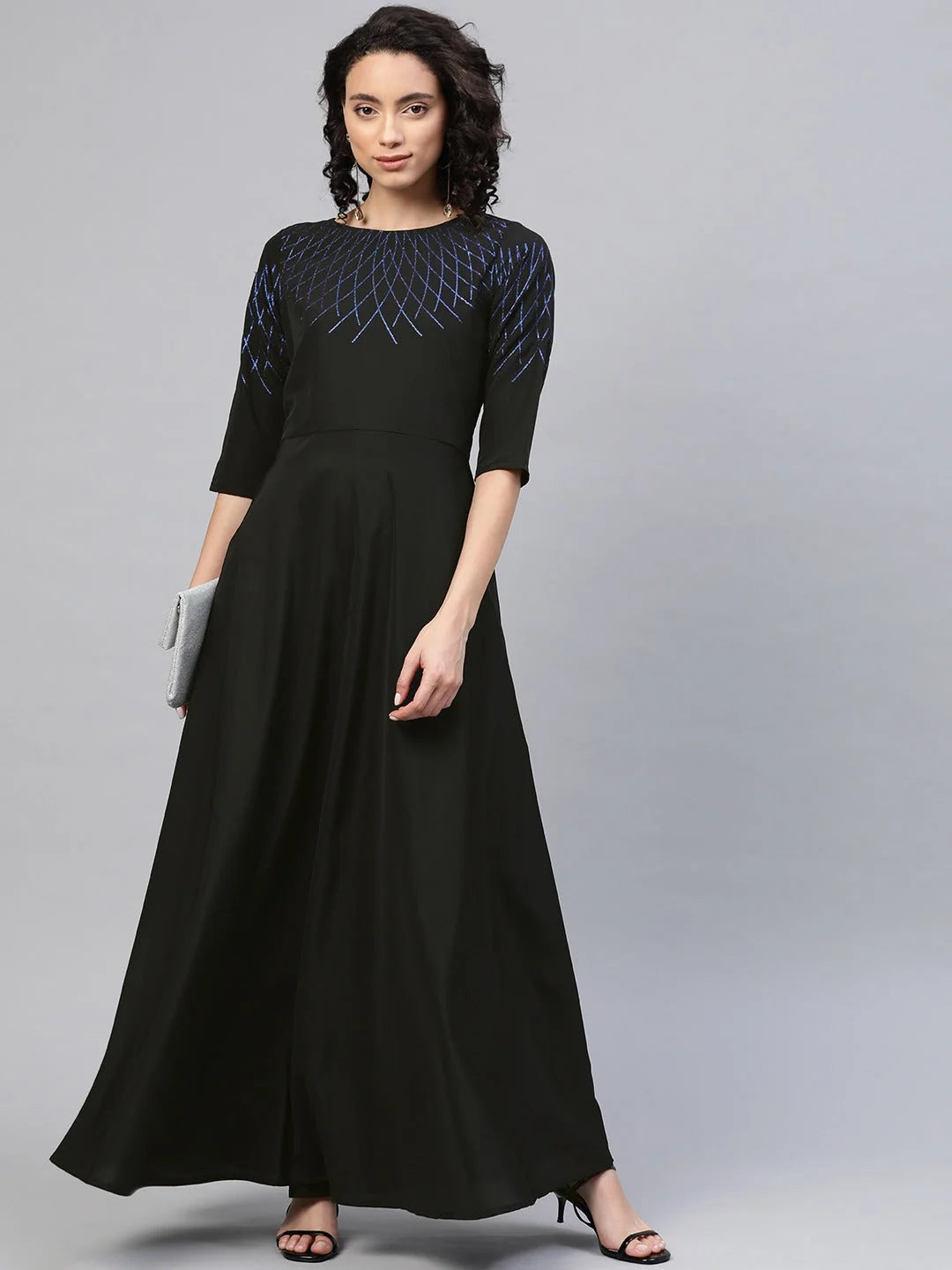 Black Printed Long Flared Dress | Indian Dresses Online