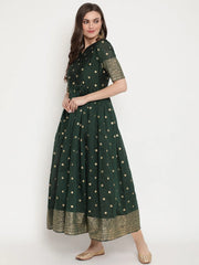 Green Polka Dots Print Chanderi Silk Anarkali Kurta-AHKUCRGP-863