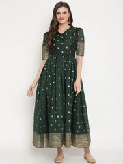 Green Polka Dots Print Chanderi Silk Anarkali Kurta-AHKUCRGP-863