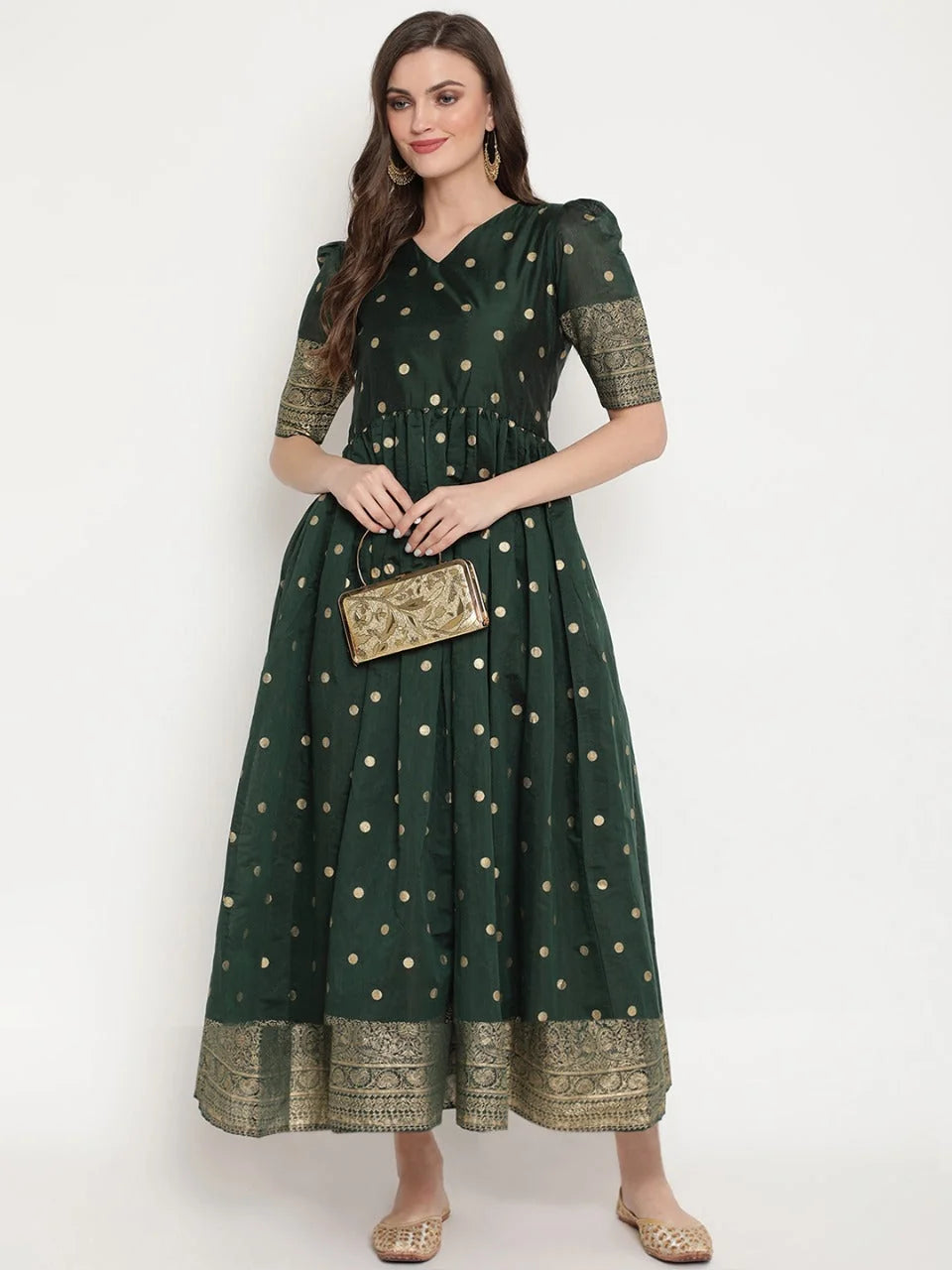 Green Polka Dot Chanderi Silk Anarkali Kurta | Shop Now!