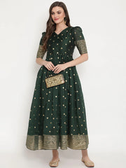 Green Polka Dots Print Chanderi Silk Anarkali Kurta-AHKUCRGP-863