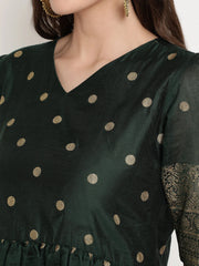 Green Polka Dots Print Chanderi Silk Anarkali Kurta-AHKUCRGP-863