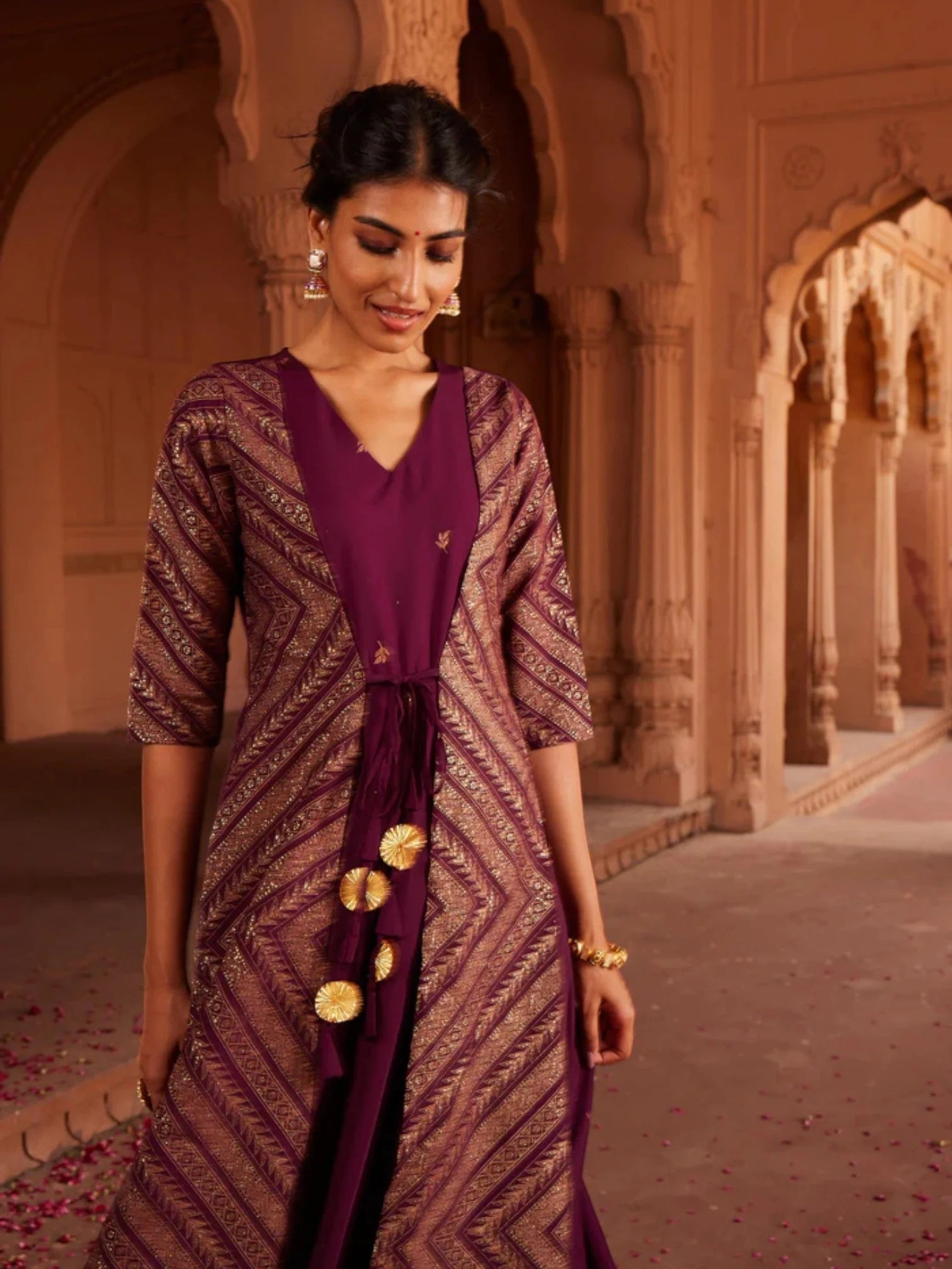 Wine Glitter Print Indian Kurta with Jacket | Stylish Kurtas