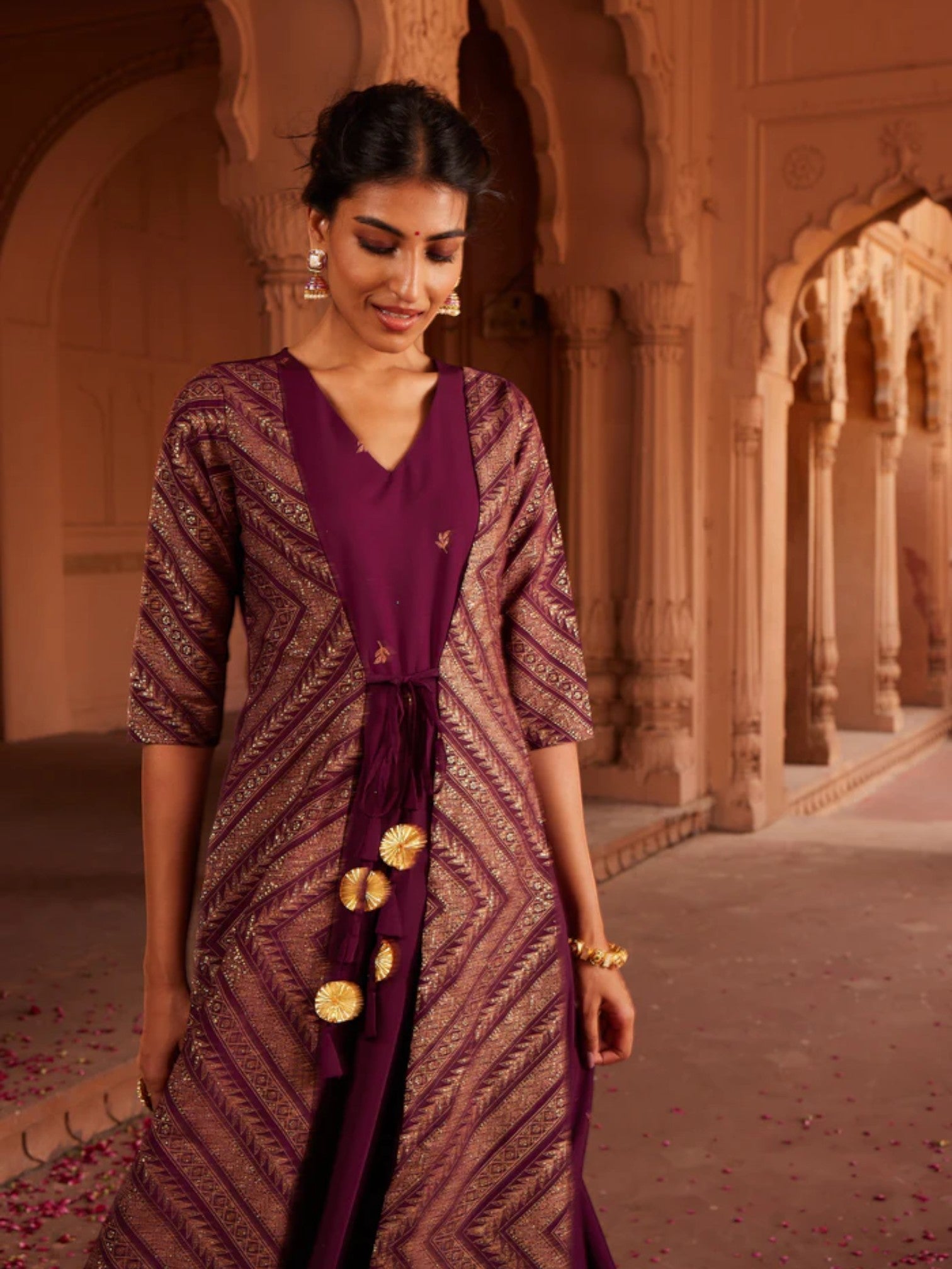 Wine Glitter Print Indian Kurta with Jacket | Stylish Kurtas