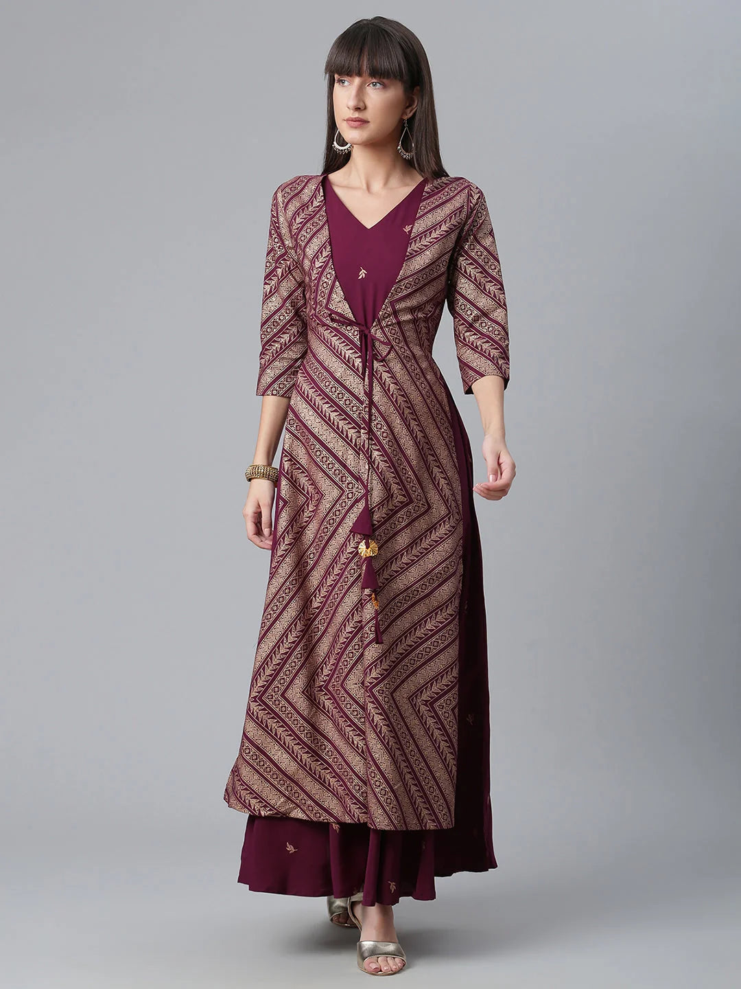 Wine Glitter Print Indian Kurta with Jacket | Stylish Kurtas