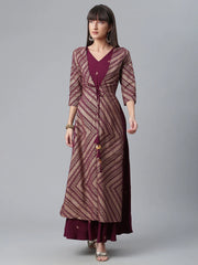 Wine Glitter Print Kurta With Jacket-AHKUCRGP-886
