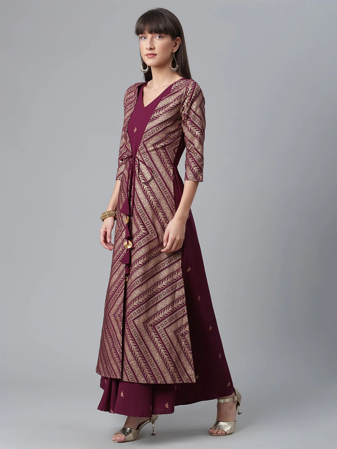 Wine Glitter Print Indian Kurta with Jacket | Stylish Kurtas