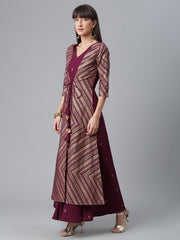 Wine Glitter Print Kurta With Jacket-AHKUCRGP-886