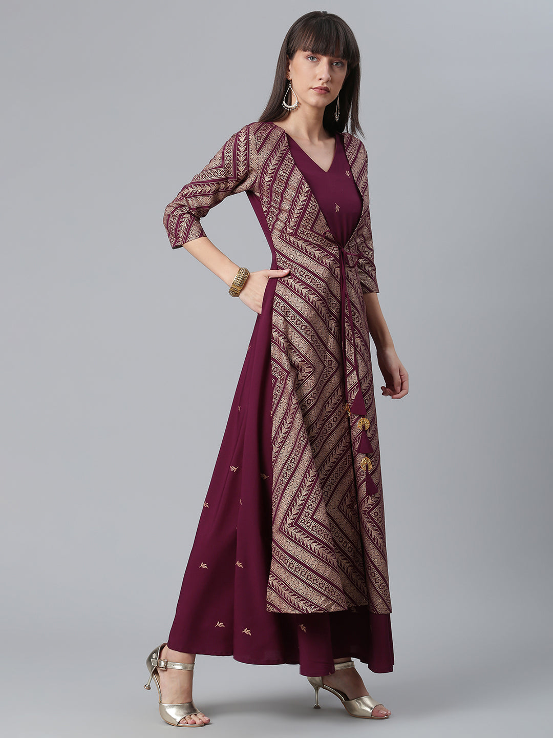 Wine Glitter Print Indian Kurta with Jacket | Stylish Kurtas