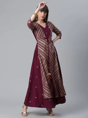 Wine Glitter Print Kurta With Jacket-AHKUCRGP-886