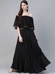 Black & Golden Foil Printed Detail Off-Shoulder Layered Maxi Dress-AHKUCRGRFP-855