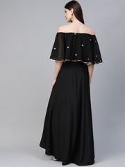 Black & Golden Foil Printed Detail Off-Shoulder Layered Maxi Dress-AHKUCRGRFP-855