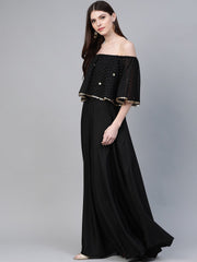Black & Golden Foil Printed Detail Off-Shoulder Layered Maxi Dress-AHKUCRGRFP-855