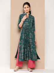 Green Floral Printed Kurta-AHKUCRKH-1068-ICH