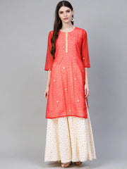 Off White & Red Bandhani Foil Printed Layered Maxi Dress-AHKUCRORFP-853