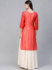 Off White & Red Bandhani Foil Printed Layered Maxi Dress-AHKUCRORFP-853