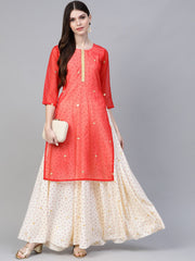 Off White & Red Bandhani Foil Printed Layered Maxi Dress-AHKUCRORFP-853