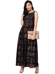 Black Printed Flare Kurta Dress For Women-AHKUCRPG-800