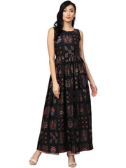 Black Printed Flare Kurta Dress For Women-AHKUCRPG-800