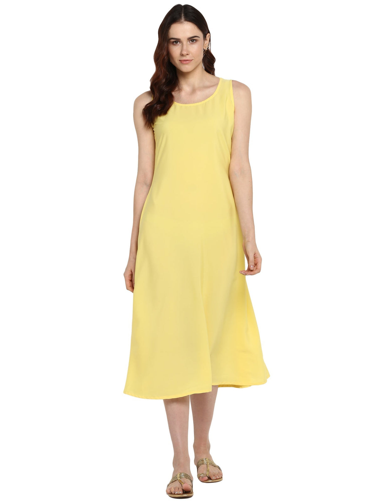 Yellow Solid A-Line Dress-AHKUCRPL-675