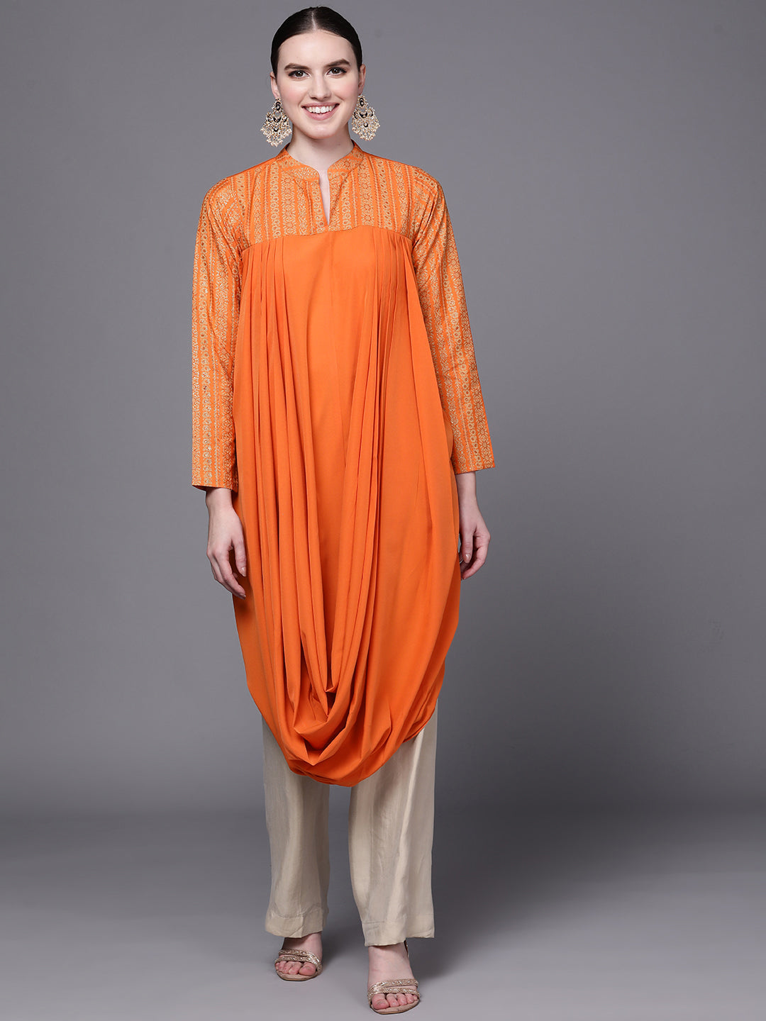 Orange Printed Crepe Cowl Kurta-AHKUCRRG-948-FF