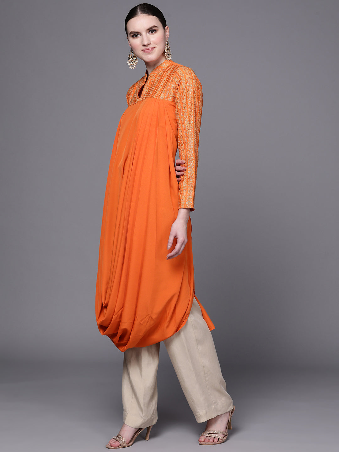 Orange Printed Cowl Neck Indian Kurta - Stylish Indian Kurtis