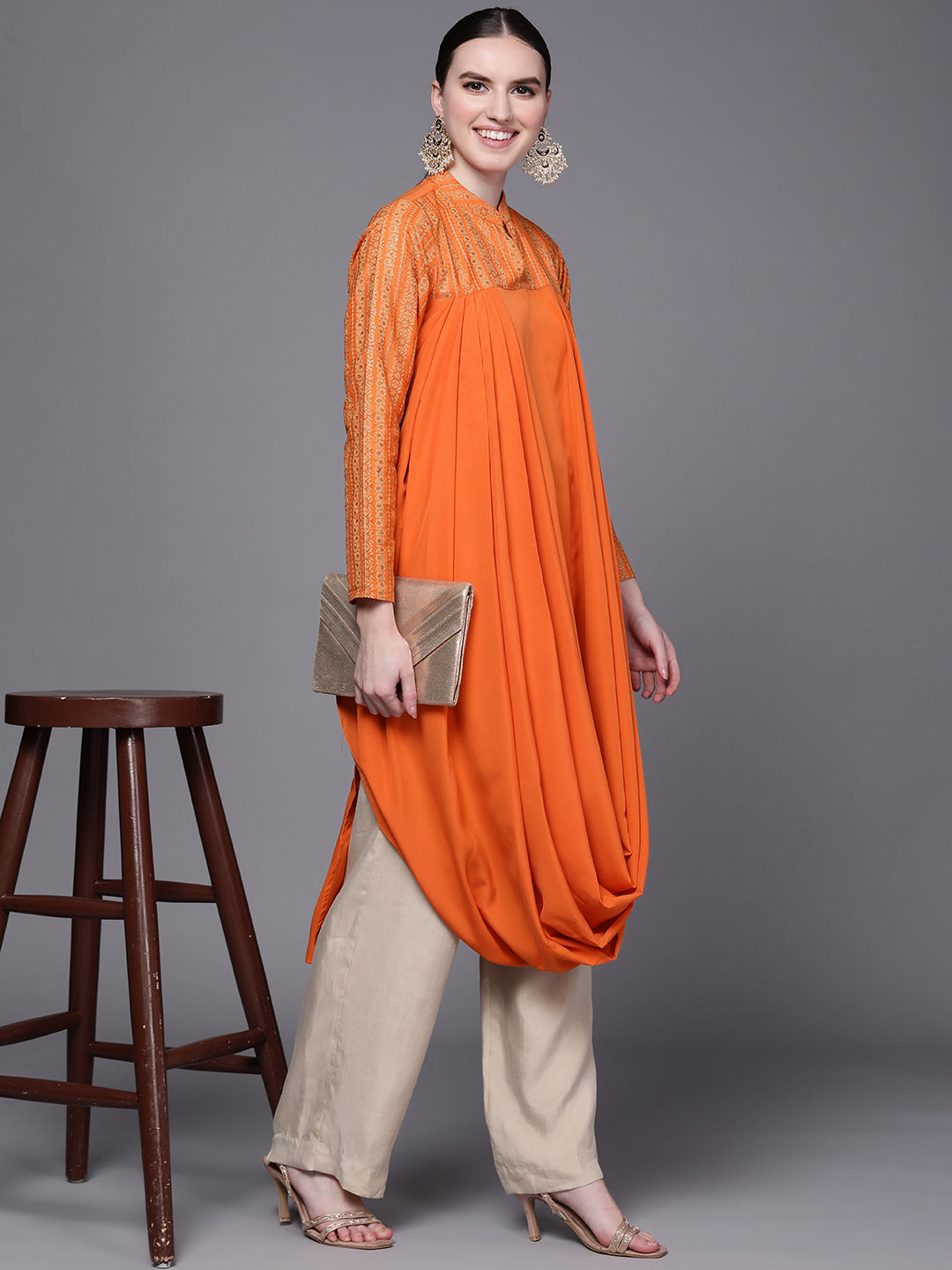 Orange Printed Cowl Neck Indian Kurta - Stylish Indian Kurtis