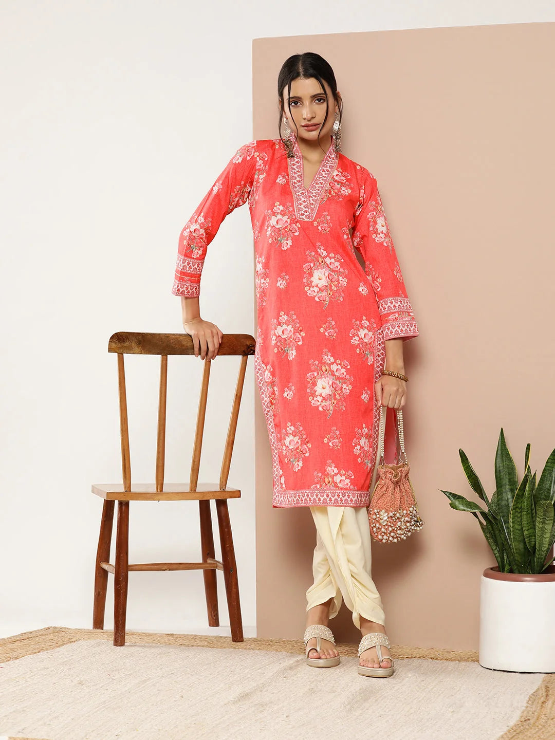 Red Floral Printed Gotta Patti Kurta with Dhoti Pants-AHKUDO-COMBO-586-ICH