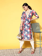 Navy Blue Floral Printed Kurta with Dhoti Pants-AHKUDO-COMBO-629