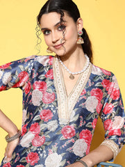 Navy Blue Floral Printed Kurta with Dhoti Pants-AHKUDO-COMBO-629
