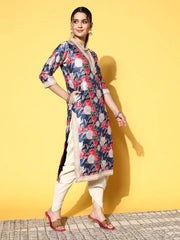 Navy Blue Floral Printed Kurta with Dhoti Pants-AHKUDO-COMBO-629