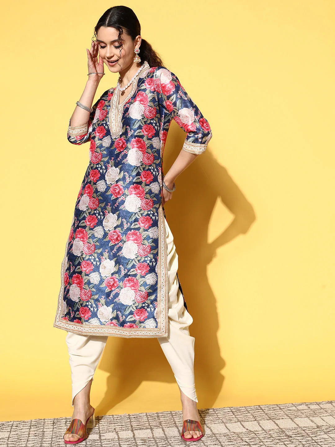 Navy Floral Dhoti Kurta Set | Women's Dhoti Pants Outfit Online