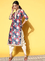 Navy Blue Floral Printed Kurta with Dhoti Pants-AHKUDO-COMBO-629
