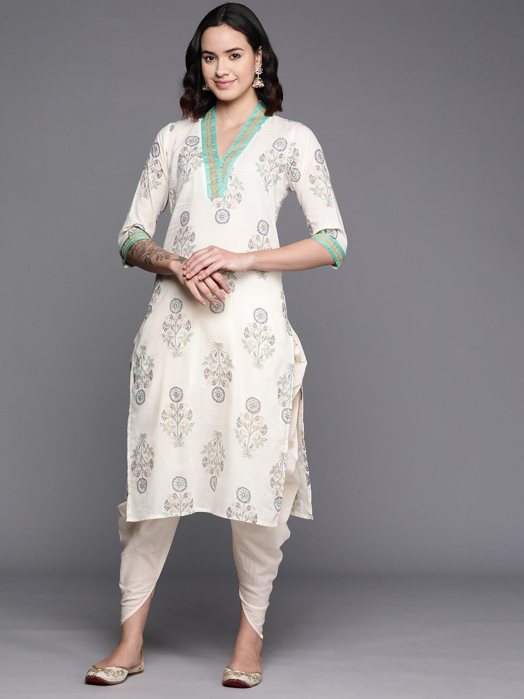 Floral Printed Regular Pure Cotton Kurta With Dhoti Pants-AHKUDO-COMBO-717