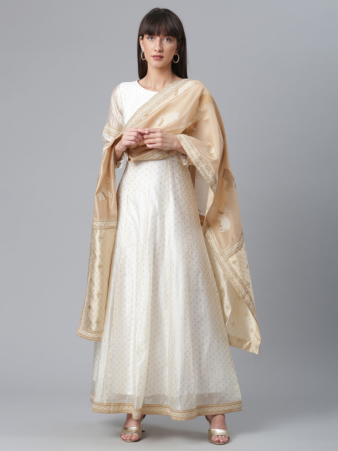 Cream-Coloured & Golden Printed Anarkali Kurta with Dupatta-AHKUDU-Combo-234